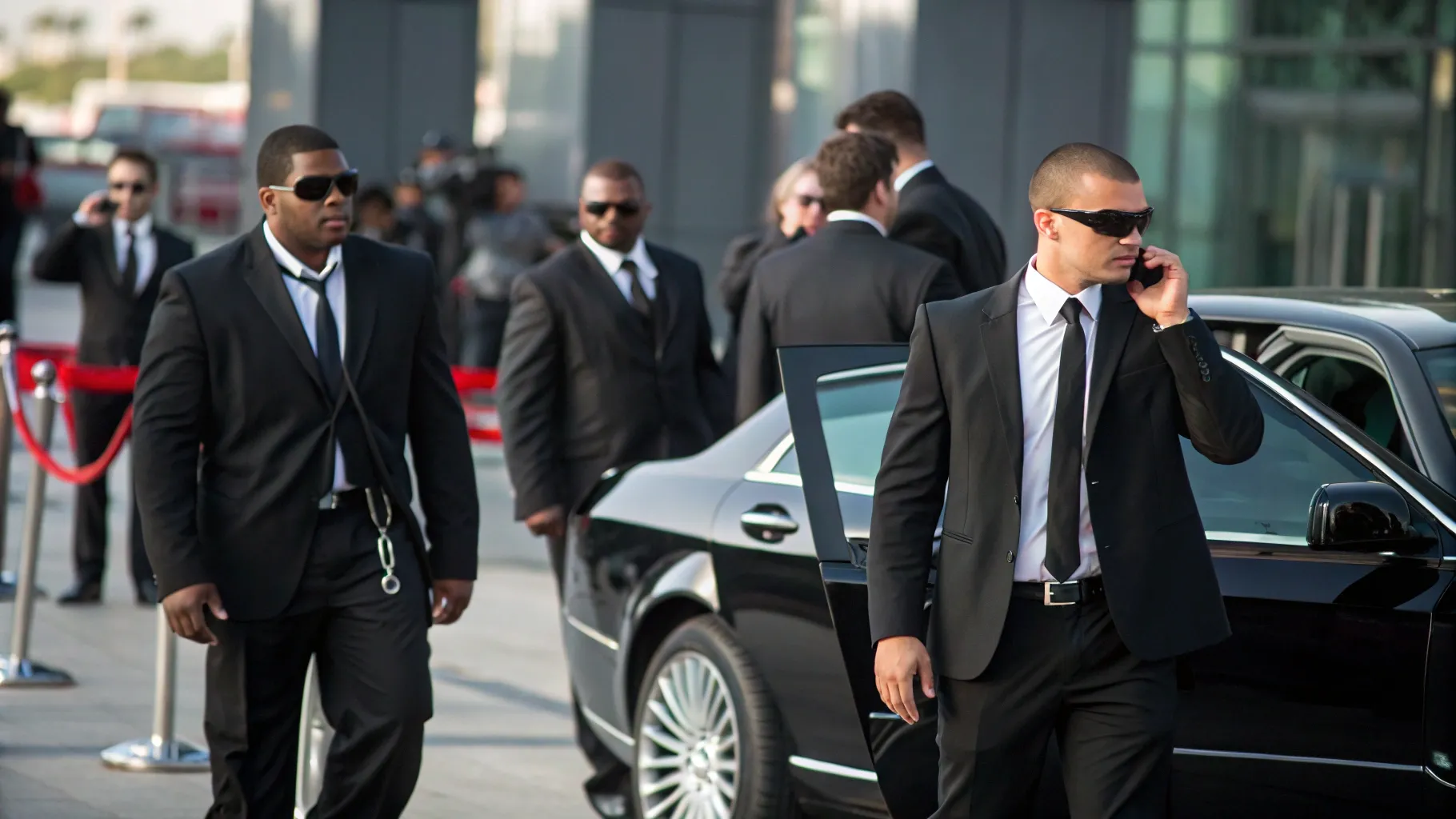 Close protection officers escorting a client from a black sedan at a controlled arrival point in Bali