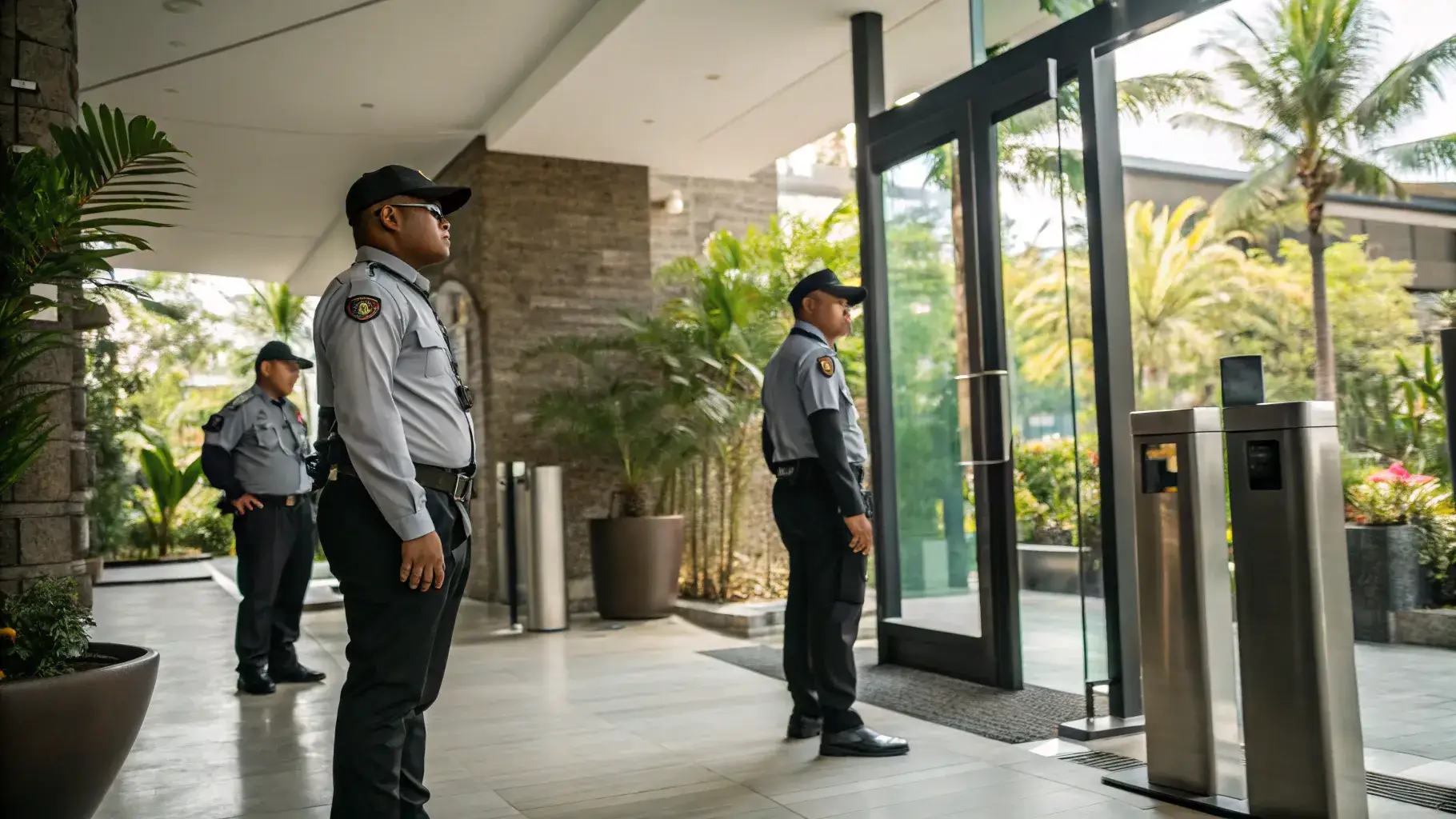 Uniformed security officers posted at the entrance of a modern commercial building in Bali