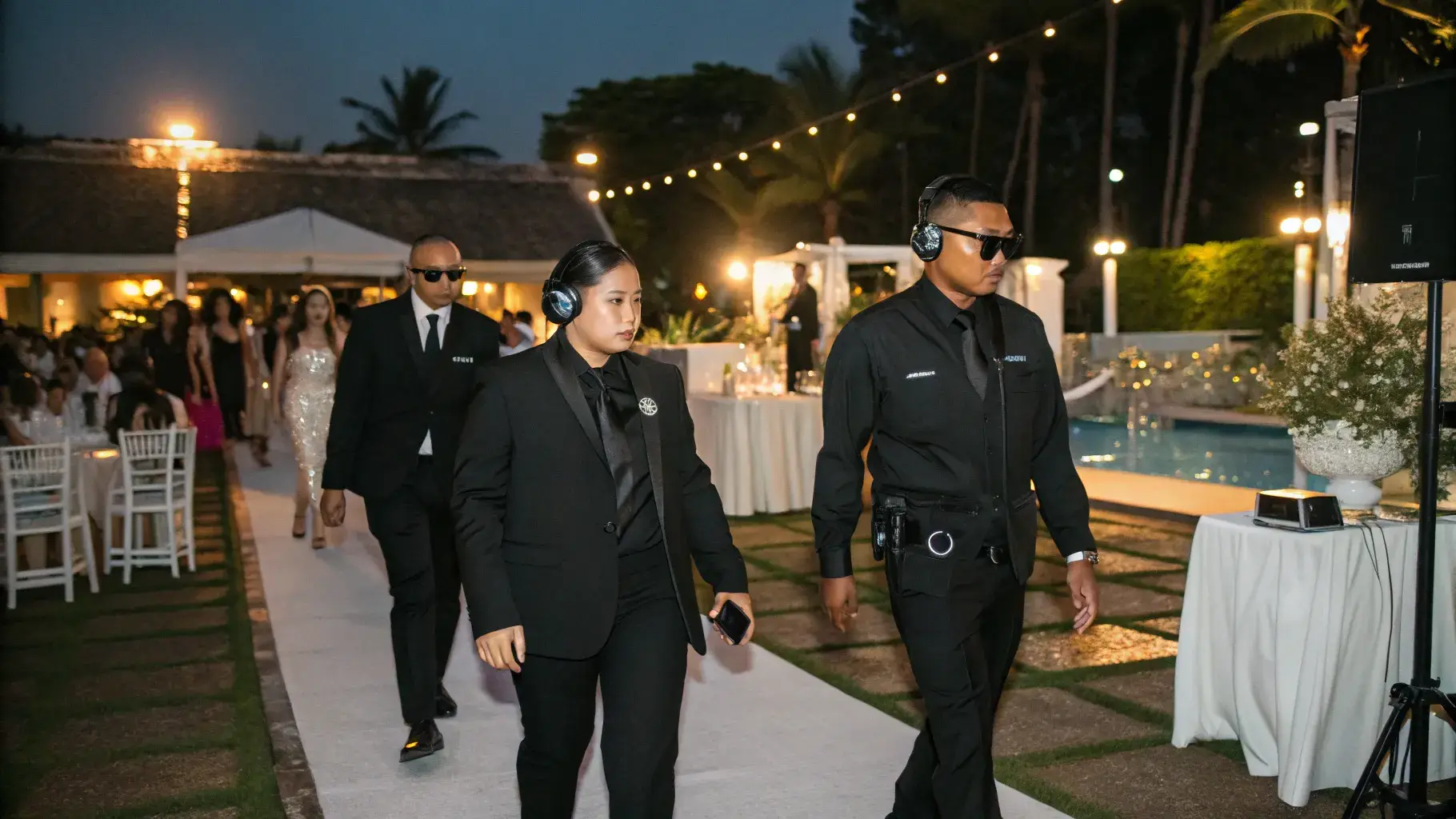 Discreet VIP protection officers in dark suits with earpieces at an evening event in Bali