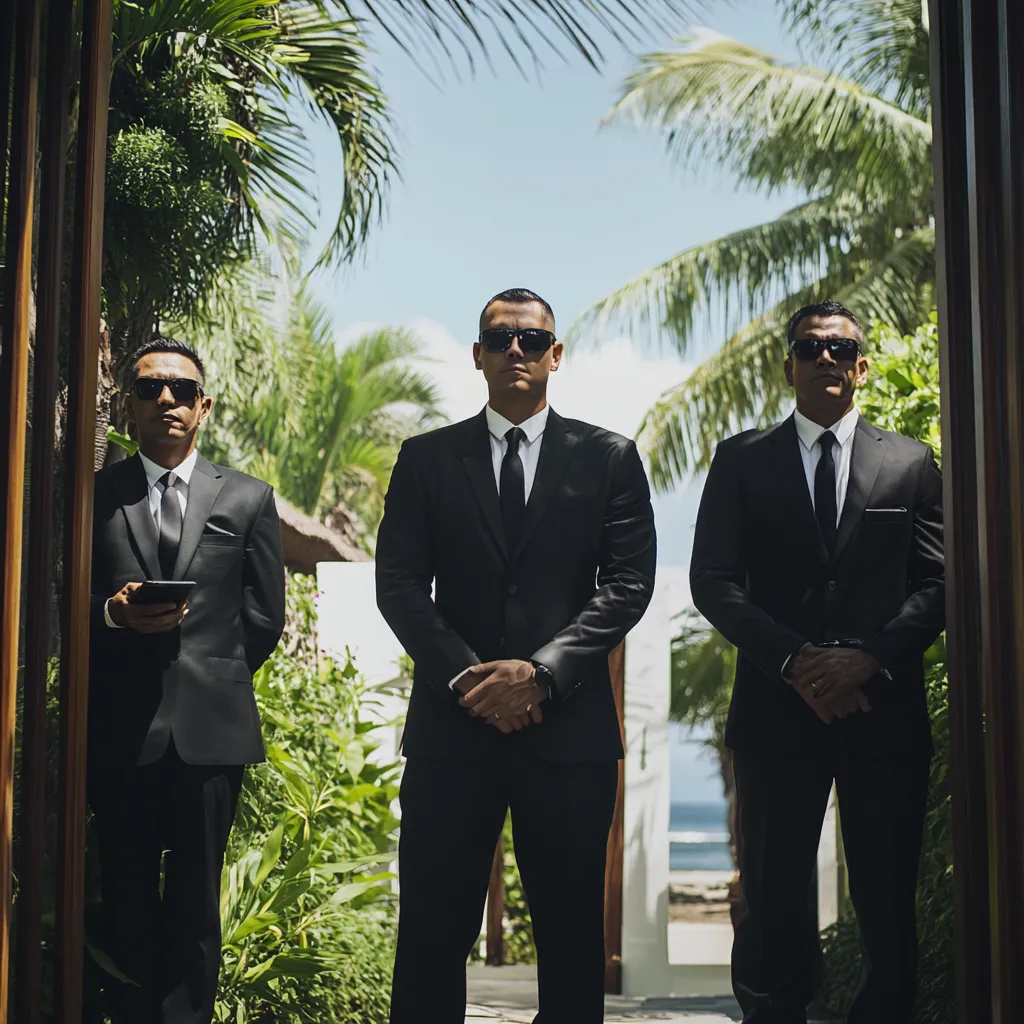 Three Private Security Bali close protection officers in dark suits at a villa entrance above the sea
