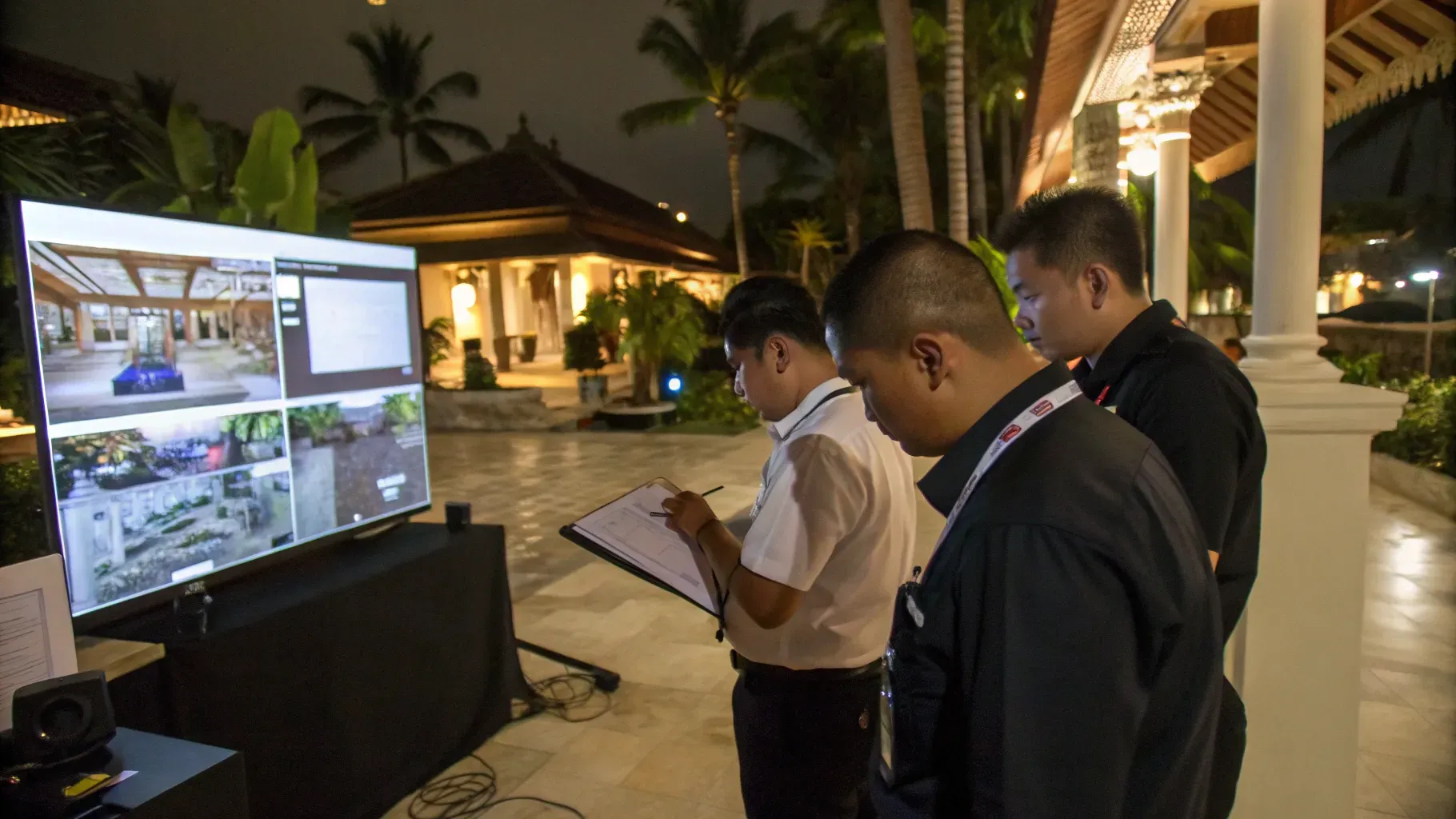 A Private Security Bali survey team recording property findings against live camera feeds in Bali