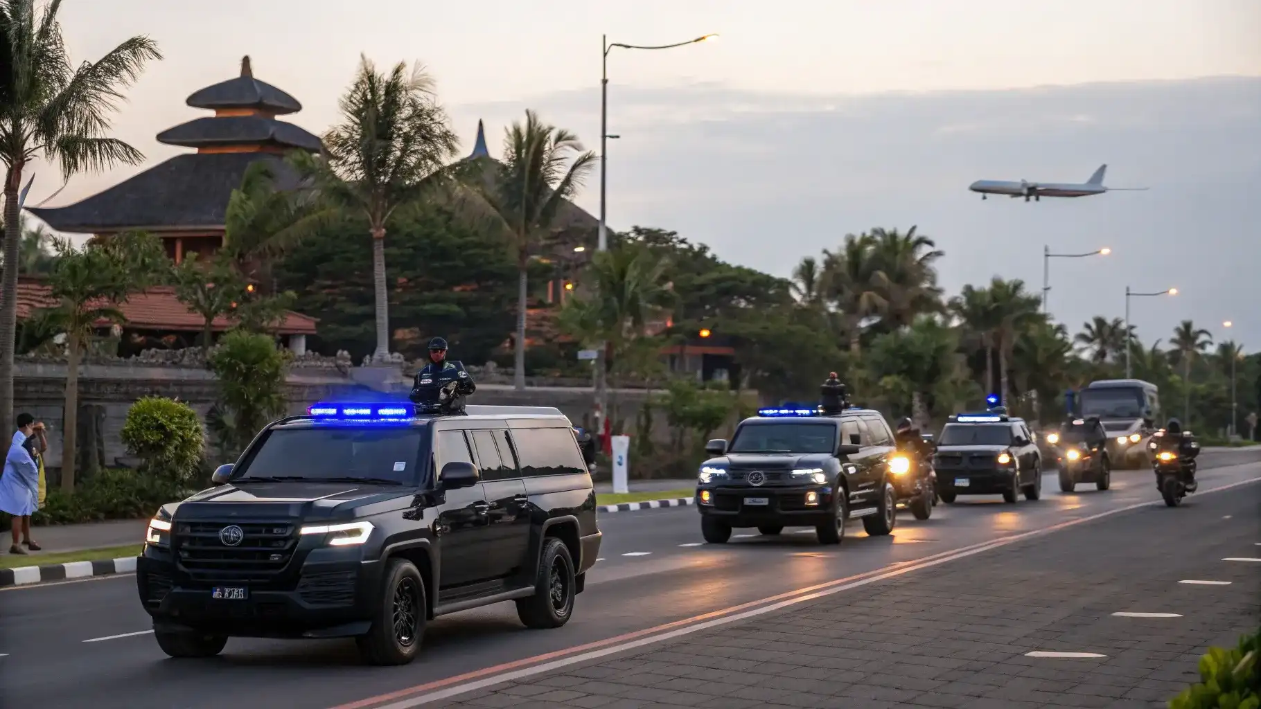 Private Security Bali escort vehicles moving in convoy past a Balinese temple gate at dusk
